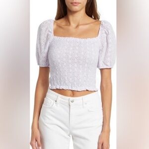 NWT Sophie Rue pastel lavender‎ smocked crop top puff sleeve 100% cotton Large